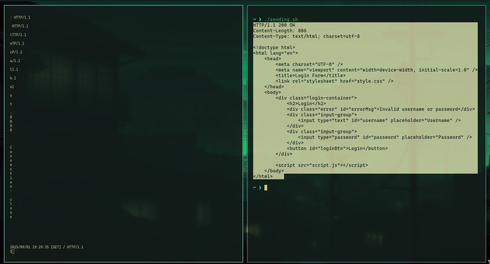 as we can see it send the letter after letter and as we can see it the end the server responses with HTML which mean it is working
