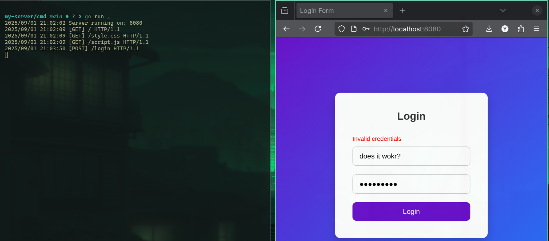 let's try to login now and try to enter something wrong as expected we got Invalid creds.